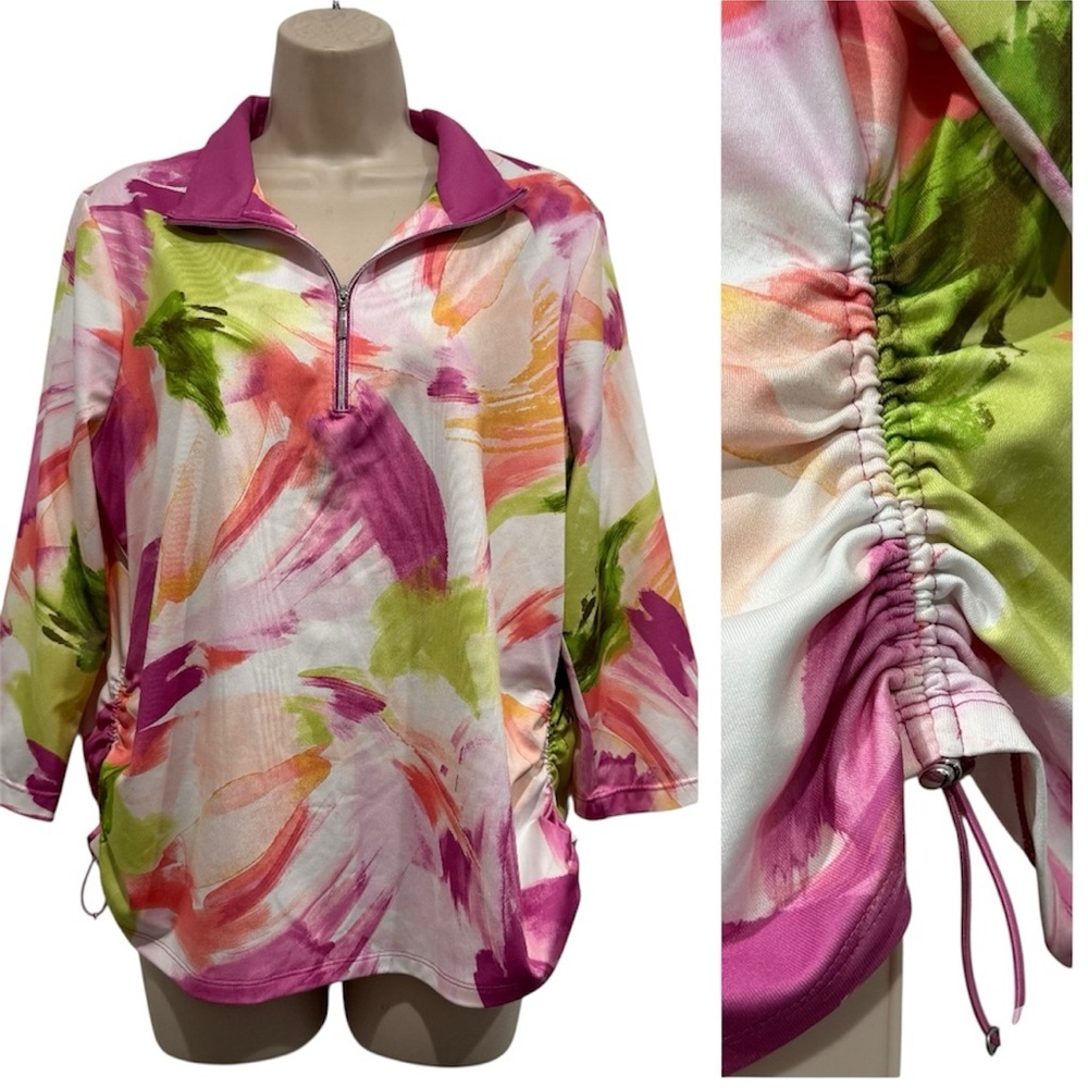 Chicos Bungee Performance Athletic Shirt Size L Spring Watercolor Quarter Zip‎